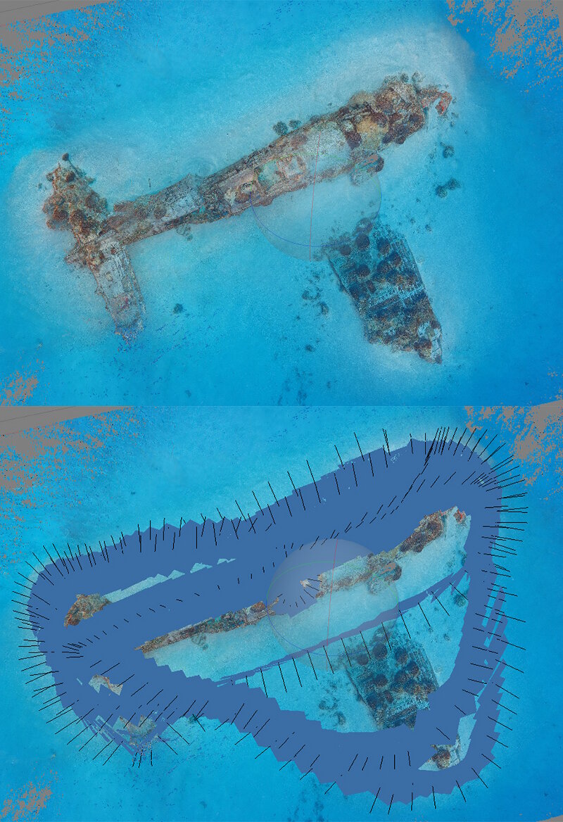 Top view of a model of a Corsair, compared with model showing camera locations.