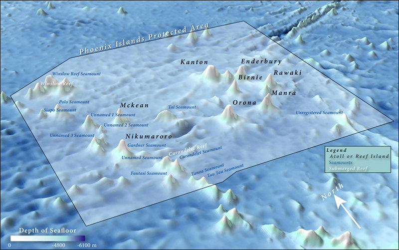 Bathymetric map detailing the seamounts and submerged reefs located within the Phoenix Islands Protected Area. Image courtesy of Kerry Lagueux / Anderson Cabot Center for Ocean Life, New England Aquarium.