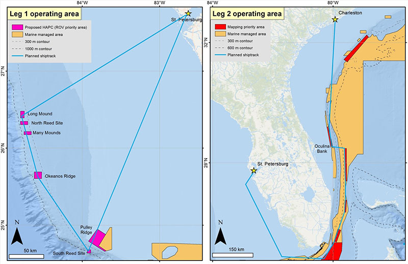 Map showing the operational area of the 2017 SEDCI expedition aboard NOAA Ship Nancy Foster, which will consist of two legs with different focus areas.