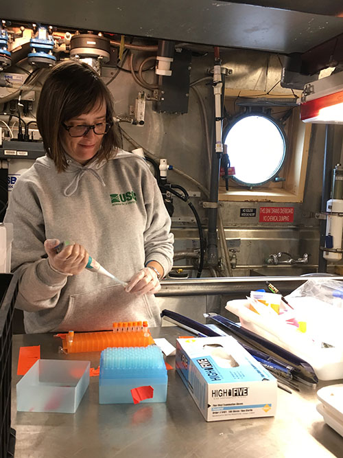Katharine Coykendall, a research biologist with the U.S. Geological Survey, preserving a sample of coral collected on the August 2017 Southeast Deep Coral Initiative expedition aboard NOAA Ship Nancy Foster.