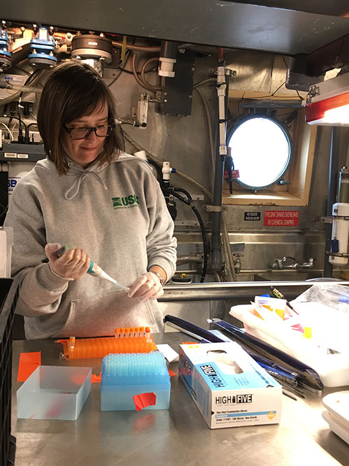 Katharine Coykendall, a research biologist with the U.S. Geological Survey, preserving a sample of coral collected on the August 2017 Southeast Deep Coral Initiative expedition aboard NOAA Ship Nancy Foster.