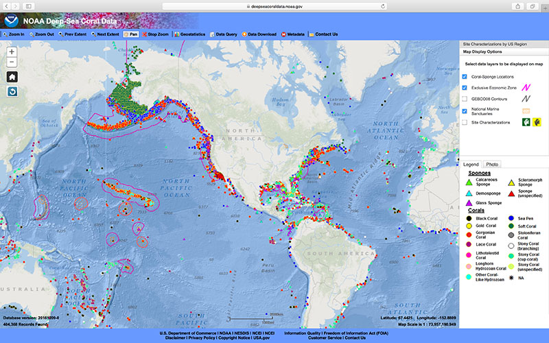 Deep Sea Coral Data Portal digital map showing known locations of corals (circles) and sponges (triangles). Coral and sponge location records are tagged with metadata and many have associated photographs available as well. Note that the map does not yet show areas in which researchers have searched and found no coral.