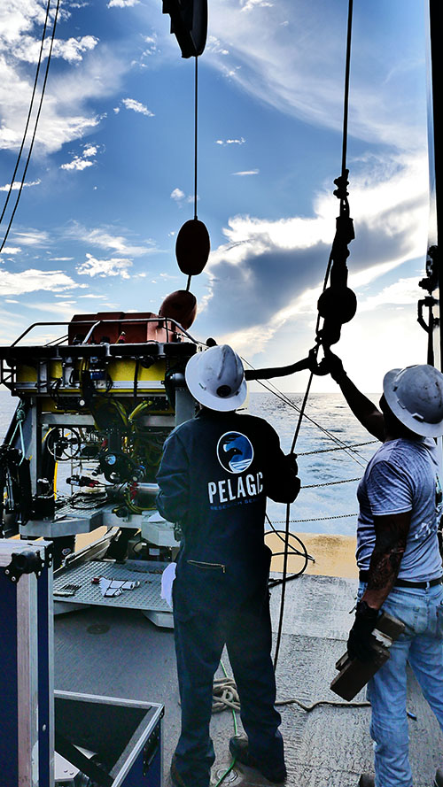 Eric Hodges (left) and Paul Sanacore (right), of Pelagic Research Services, preparing the ROV Odysseus for a dive from NOAA Ship Nancy Foster.