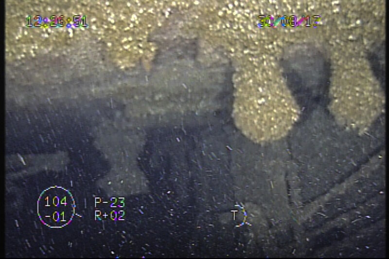 A view of Choctaw’s stern deck from underneath the upturned portion of its hull. This was a perspective that the sonar systems, limited by shadows, could not image.