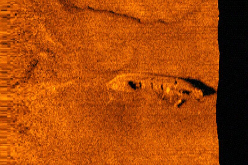 First sonar image of vessel now believed to be wooden bulk carrier Ohio, lost during a collision in 1894. This scan was obtained during exploratory archaeological survey operations off Presque Isle in May, 2017.
