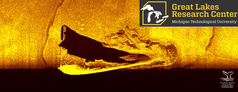 Sonar image of the site first classified as ‘Target 2’ in May, 2017. AUV-based scanning was conducted in June to produce this image. The vessel was nearly upside-down and partially buried in the bottom of Lake Huron. Acoustic shadows reveal a rudder, propeller, and the outline of the stern cabin structures.