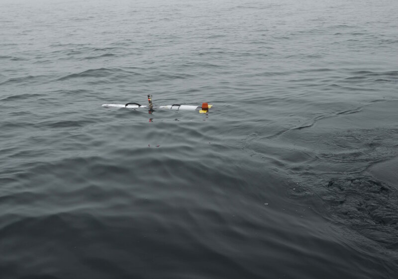 The Iver3 vehicle at the surface immediately following launch. The tower in the middle housed the GPS receiver, wireless receiver, and LED indicator lights.