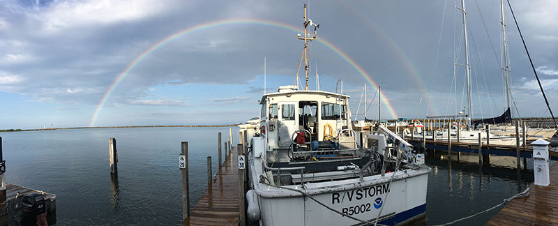 Archaeologists utilized NOAA’s research vessel R/V Storm, equipped with multibeam and side scan sonar, and a magnetometer, to conduct a remote sensing survey of Lake Huron. R/V Storm and the U.S. Navy Sea Cadet vessel Pride of Michiganwere also used to deploy divers that investigated promising acoustic and magnetic targets (Photo by Wayne Lusardi).