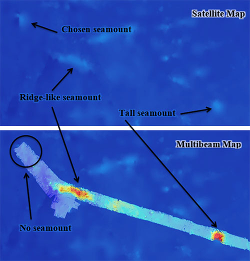 In the satellite map, lighter blue areas indicate raised areas of the sea floor. The lighter the blue, the more likely it is a seamount. In the multibeam map, the track that the ship mapped during the transit from APEI 7 is overlaid over the satellite map. Red indicates depths shallower than 3,000 meters and dark blue indicates depths greater than 5,000 meters.