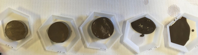 The sediment is sub-sectioned into vertical horizons for subsequent analyses in the laboratory (subsections shown from left are: 10-15 centimeters, 5-10 centimeters, 1-5 centimeters, 0.5-1 centimeters, and 0-0.5 centimeters below the sediment-water interface).