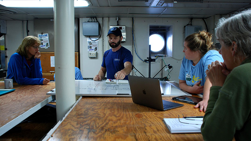 Chief Scientist Erik Cordes leading a discussion sample naming conventions. With so many scientists taking a portion of each Alvin sample, it’s important to decide on a standard sample naming system so that all dive information (location, time, depth, etc.) can be properly associated with each sample.