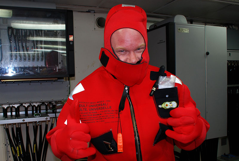 Jay Lunden posing in his properly-donned immersion suit.