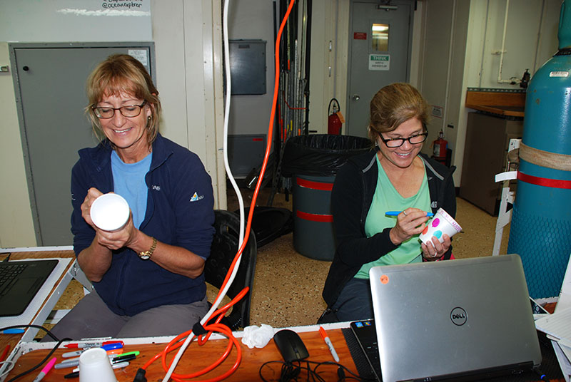 The unexpected day of transit gave everyone on the ship, including Sandra Brooke and Cheryl Morrison, the chance to decorate Styrofoam cups to send to the seafloor. The immense pressure at depth shrinks the cups, giving everyone miniature souvenirs from the deep sea.