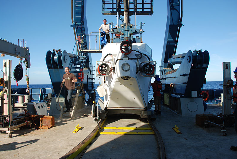 College of Charleston master’s student Zach Proux is all smiles as he exits the Alvin after his first dive.