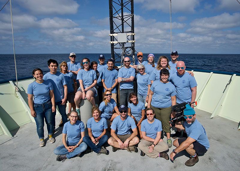 Team DEEP SEARCH poses for a photo on the bow of the R/V Atlantis as the ship made its way back to Woods Hole, MA.