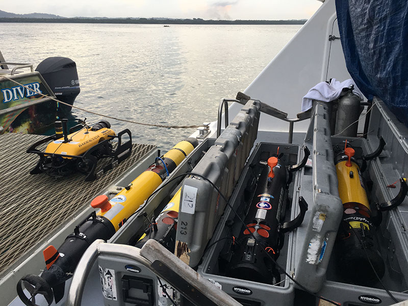 An ROV (left side, on deck) and several UUVs ready for deployment on a previous project.