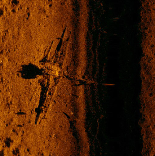 High resolution side scan sonar acoustic image of a P-39 aircraft in Papua New Guinea.