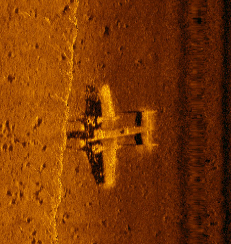 High resolution sidescan sonar image of a WWII B-25 discovered by members of Project Recover in 2017.