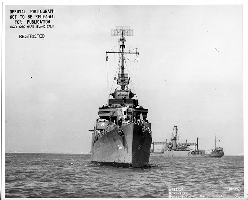 USS Abner Read (DD 526), bow view. Hunters Point, Cal. June 13, 1943 (Released/U.S. Navy Photo from the collections of the Naval History and Heritage Command)