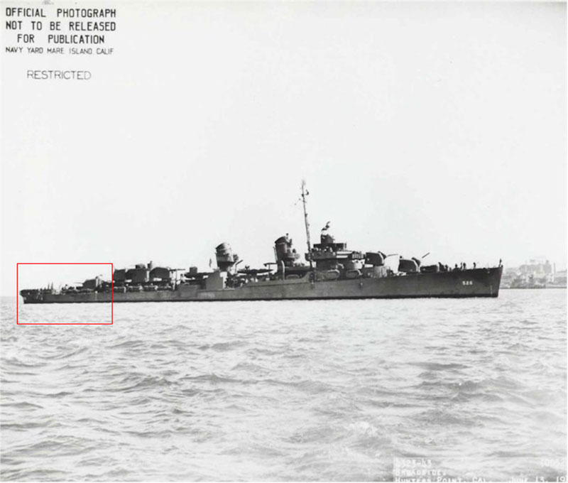 Historical image of the USS Abner Read. The red box indicates that section of the vessel that was blown off and sunk when the vessel struck a mine on August 18, 1943.