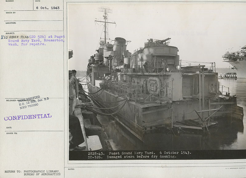 USS Abner Read undergoing repairs to the damaged stern on October 6, 1943, in the Puget Sound Navy Yard.