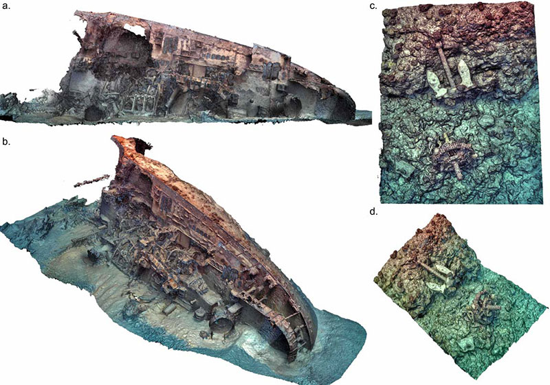 Textured 3D models of archeological wrecks surveyed in the Northwestern Hawaiian Islands. SfM photogrammetry techniques were used to model large stern sections of the USNS Mission San Miguel (a,b) and additional ship components on the adjacent coral reef (c,d).
