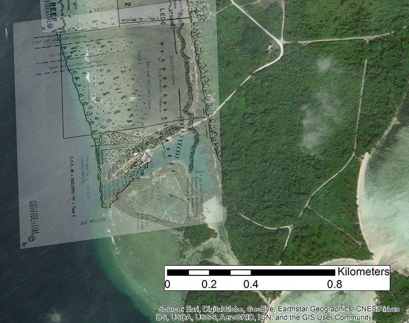 A section of the southern invasion beach with the historic UDT blast zones map overlaying a modern aerial. Two of the blast zones are at the top. Immediately after the invasion, the Seabees extensively modified a shallow coral flat and created a small harbor. Image courtesy of the Ships of Discovery Science Team.