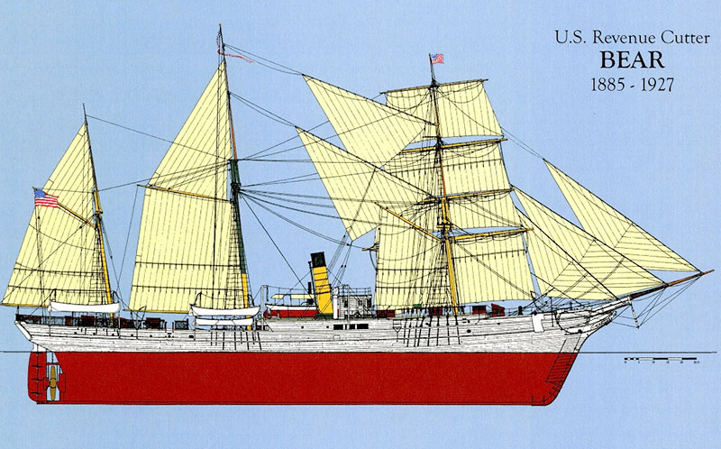 Colorized profile view showing hull and sail rig of Cutter <em>Bear</em>.