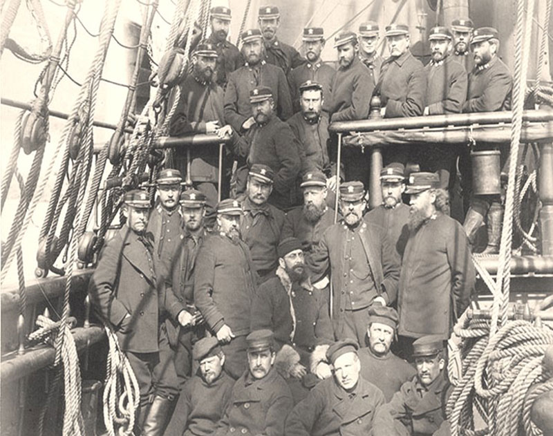 An 1884 photograph of the survivors of the Greely Expedition, including Adolphus Greely, and men of the relief expedition.