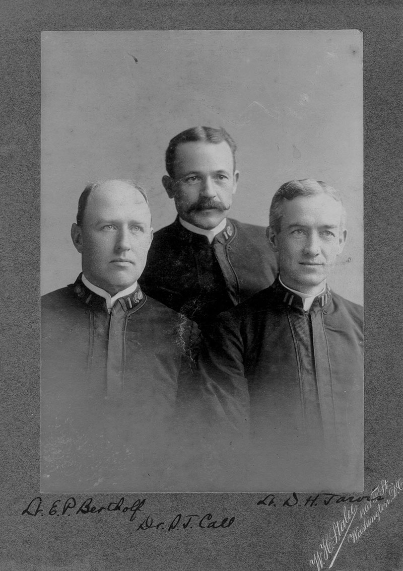From left to right, Lt. Ellsworth Bertholf, Dr. Samuel J. Call, and Lt. David H. Jarvis posed for a commemorative photograph.