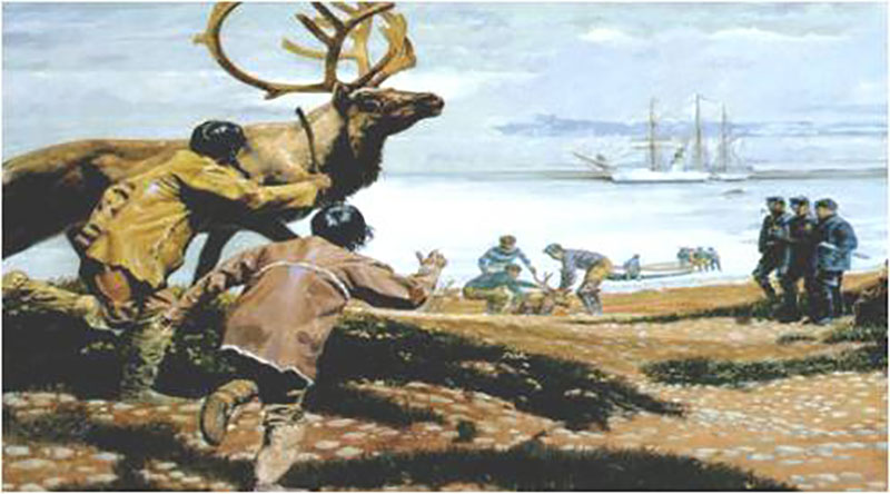 Painting showing the 1892 transfer of Siberian reindeer by Cutter Bear under the command of Captain Healy.