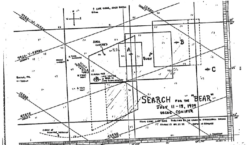 Chart from the original 1979 search for Bear undertaken by Massachusetts Institute of Technology’s Harold Edgerton and Coast Guard Academy cadets on board the Buoy Tender Conifer.