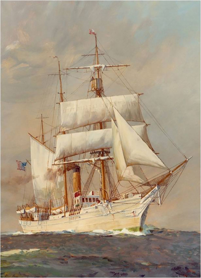 Painting of U.S. Revenue Cutter <em>Bear</em> under sail and steam on the Bering Sea Patrol.