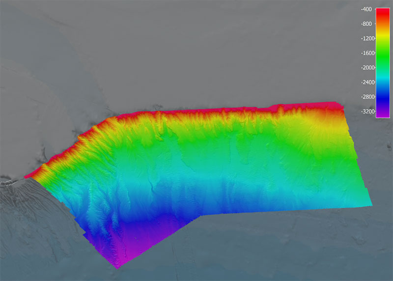 Figure 4.  High-resolution multibeam data collected during the Deep Connections 2019 expedition overlain on existing altimetry data, shown in grey. 