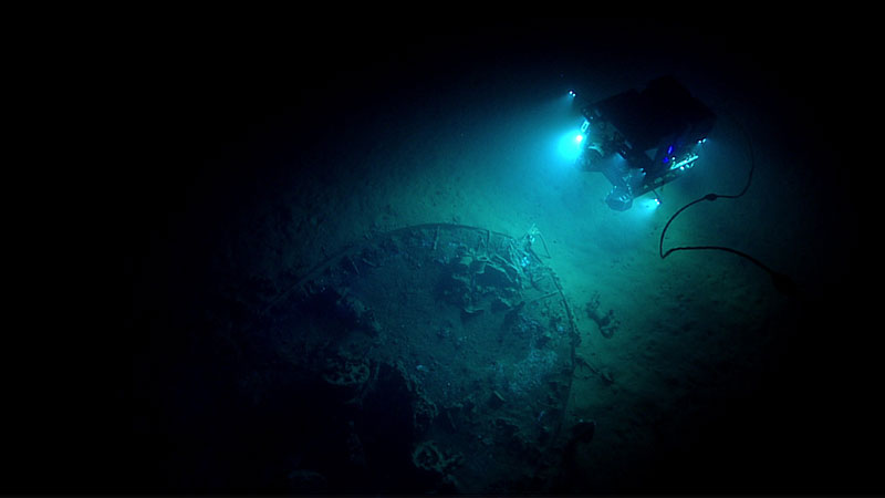 Figure 3.  During the seventh dive of the Gulf of Mexico 2017 expedition, ROV Deep Discoverer explored an unknown shipwreck identified by the Bureau of Ocean Energy Management simply as “ID Number 15377.”