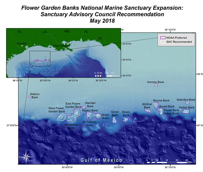 The Flower Garden Banks National Marine Sanctuary is finalizing a proposal to expand the boundaries of the sanctuary to portions of the areas shown in red. Image credit: FGBNMS/Nuttall