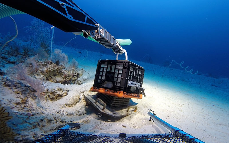 Figure 3. Autonomous reef monitoring structures or ARMS are used by scientists to study biodiversity on coral reefs. These three-dimensional structures are deployed on a reef for two years to allow organisms to colonize them. ARMS being recovered by a submersible at 300 feet in depth. Image Credit: Smithsonian DROP Program and Substation Curaꞔao crew.
