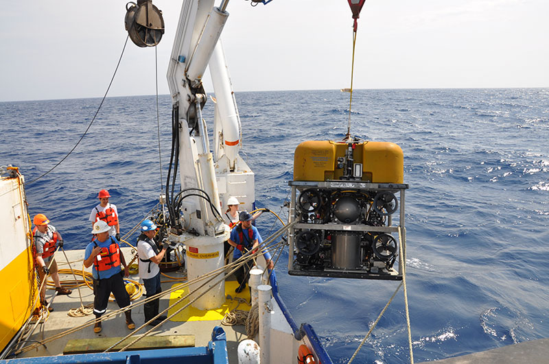 ROV Global Explorer being deployed from the R/V Pelican.