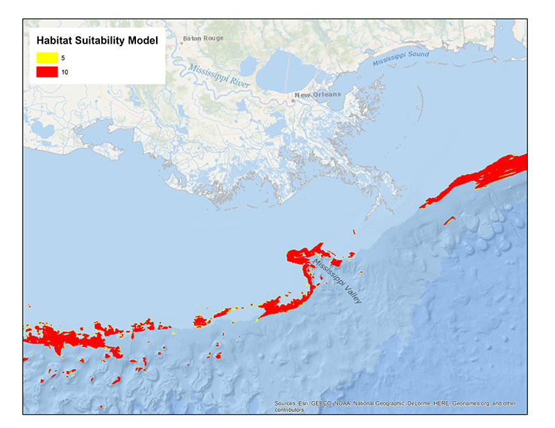 An example of a habitat suitability map. Red areas are highly suitable habitat for the animal of interest and yellow areas have medium suitability.