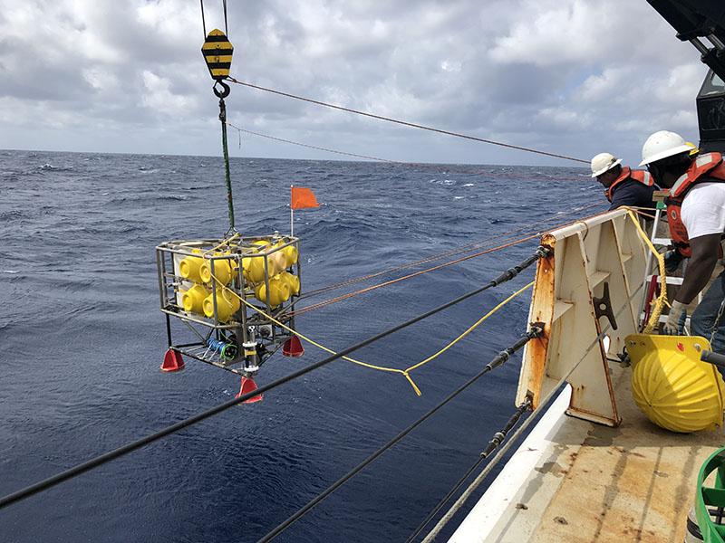 The deck crew of NOAA Ship Ronald H. Brown launches the NIOZ benthic lander for a long-term deployment on the seafloor near the coral mounds of Richardson Hills.