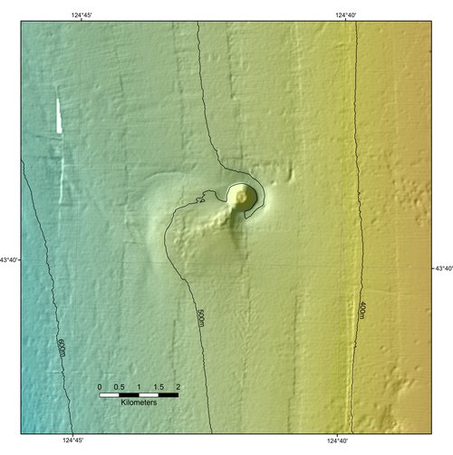 Figure 1: Color shaded-relief bathymetric map of the seafloor mound based on multibeam mapping on the NOAA Ship Fairweather.