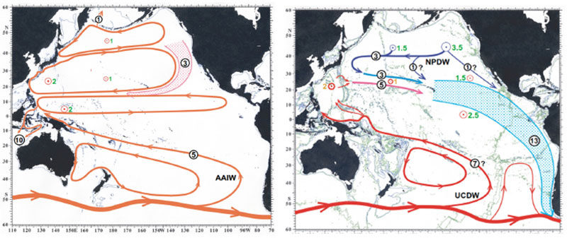 Circulation of North Pacific surface/intermediate waters (right) and upper deep waters (left) according to Kawabe and Fujio (2010). Right panel arrows east of Japan indicate flow of North Pacific Intermediate Water through the Emperor chain. Left panel shows counter flow of North Pacific Deep Water through the bottom of the same gap, called the Main Gap.