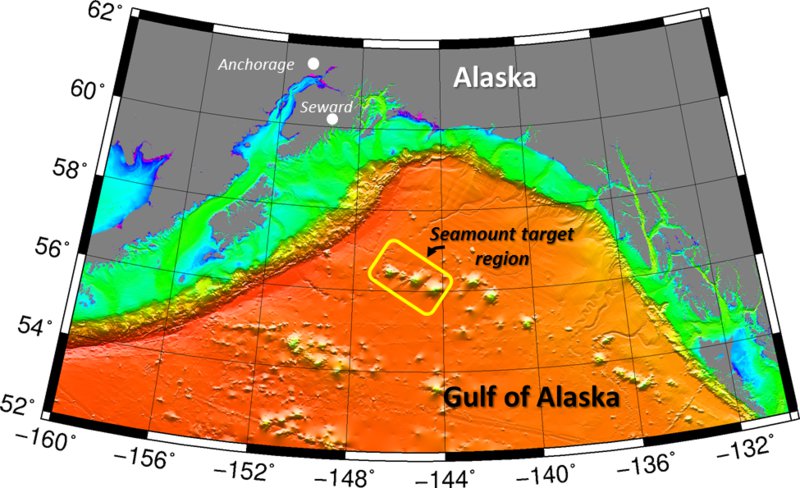 Bathymetric map of the Gulf of Alaska, showing its deep basin with seamount chains.