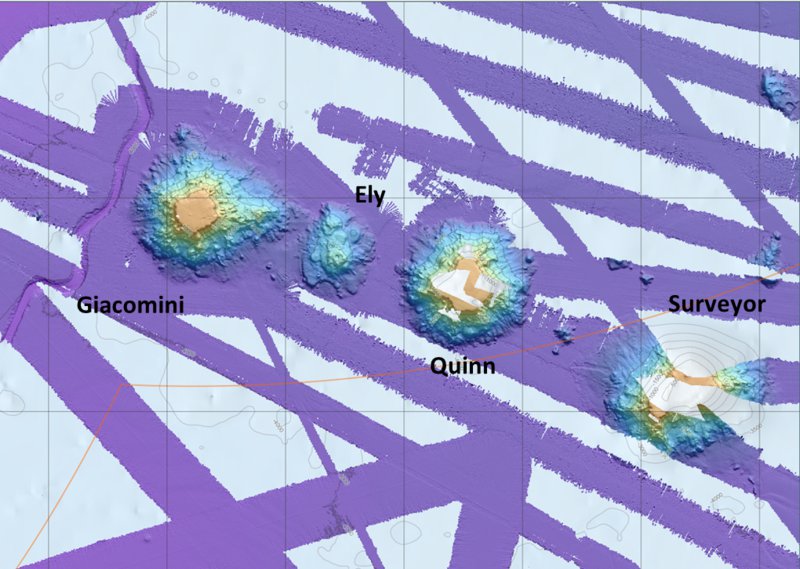 Bathymetric map of the Gulf of Alaska, showing its deep basin with seamount chains. Grey – land, Green – continental shelf, Yellow – continental slope, Orange – deep basin.