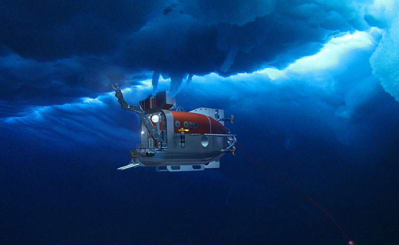 During the expedition, one of the tools the team will use to explore is the hybrid remotely operated vehicle <em>Nereid Under Ice</em>. This rendering shows the vehilce working on the underside of overlying ice.