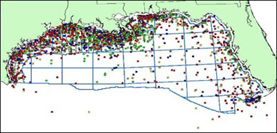 The location of known historic shipwrecks in the Gulf of Mexico. Colors represent different degrees of position accuracy connected to each site in the BOEM database. Green = position confirmed; Yellow = position accuracy is good; Blue = position accuracy fair to poor; Red = position accuracy poor.