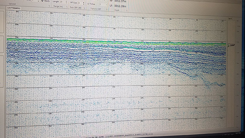 Watching the parametric sonar data in real-time as the vessel crosses over a valley, which is just becoming visible at right.