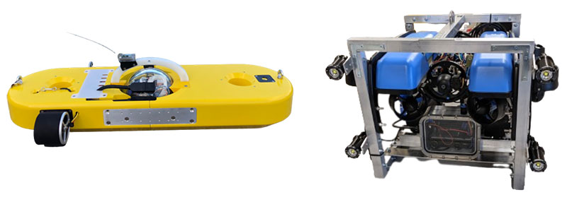 Low-cost underwater robots for deepwater exploration: DROPSphere autonomous underwater vehicle (left) and Bruce hybrid remotely operated vehicle/autonomous underwater vehicle (right).