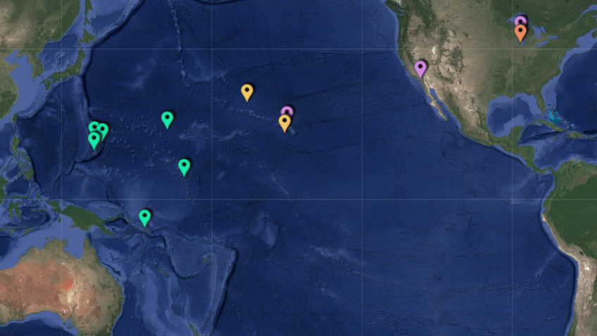 NOAA Ocean Exploration 2025 Expeditions Map with dive location pins.