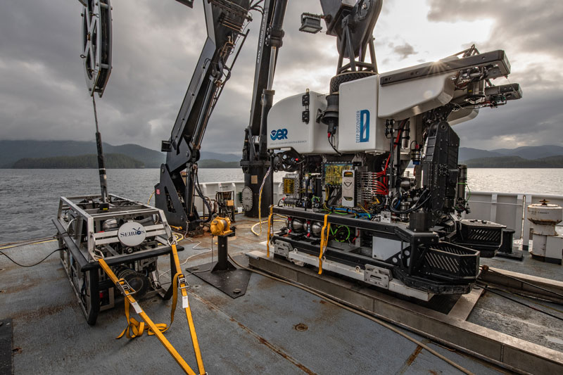 Remotely operated vehicles Deep Discoverer and Seirios on the back deck of NOAA Ship Okeanos Explorer.